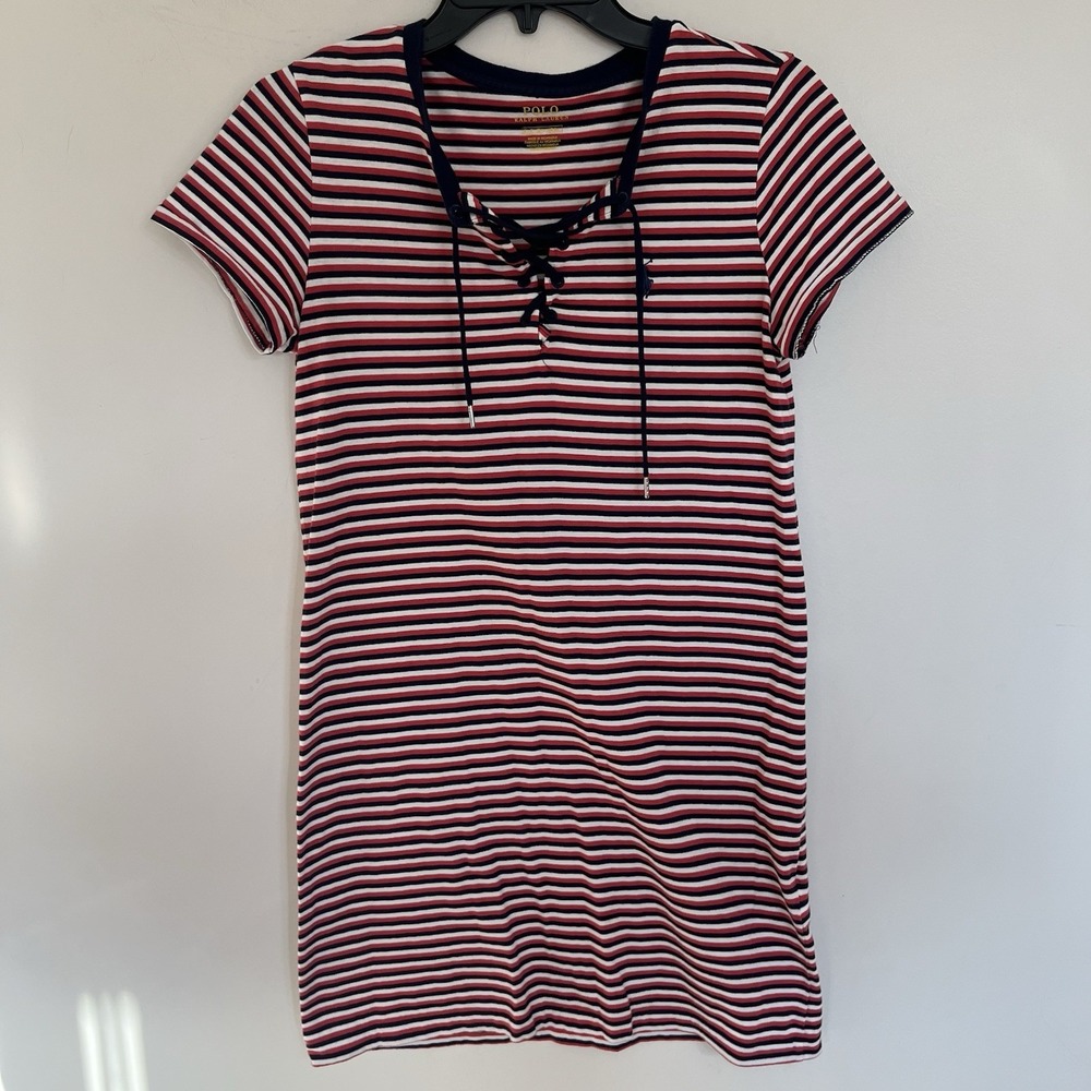 Polo Ralph Lauren Mini Shirt Dress Red‎ Navy Stripe Tie Neck Preppy Size Small
